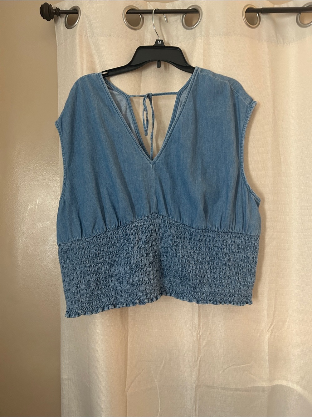 Light Blue Smocked Denim Crop Top - Women